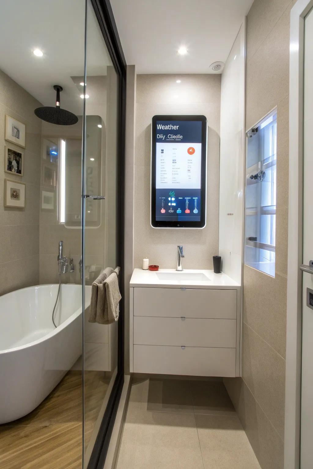 A cutting-edge smart mirror elevates the modern bathroom experience.