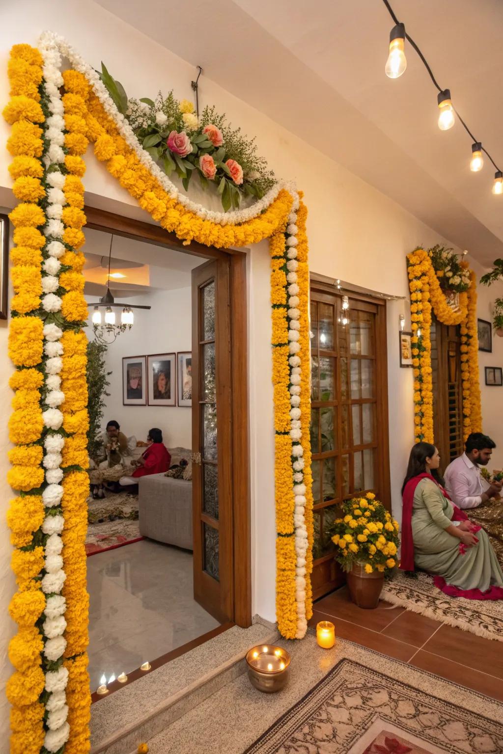 A home decorated with marigold and jasmine garlands, enhancing the festive spirit of Ganesh Chaturthi.