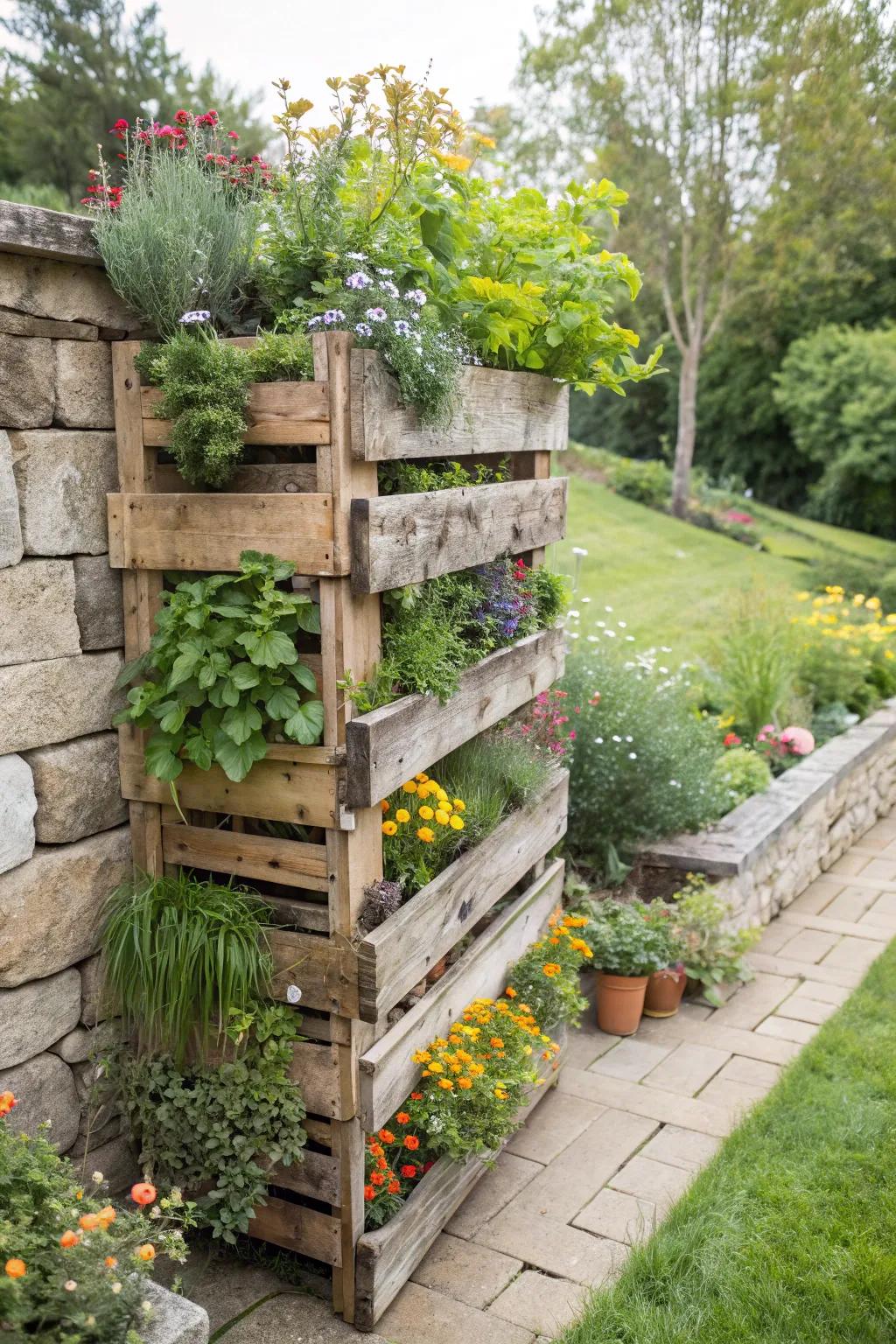 An innovative vertical garden crafted from repurposed pallets.