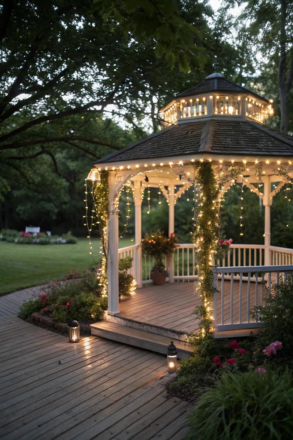 String lights creating a magical atmosphere around a gazebo.