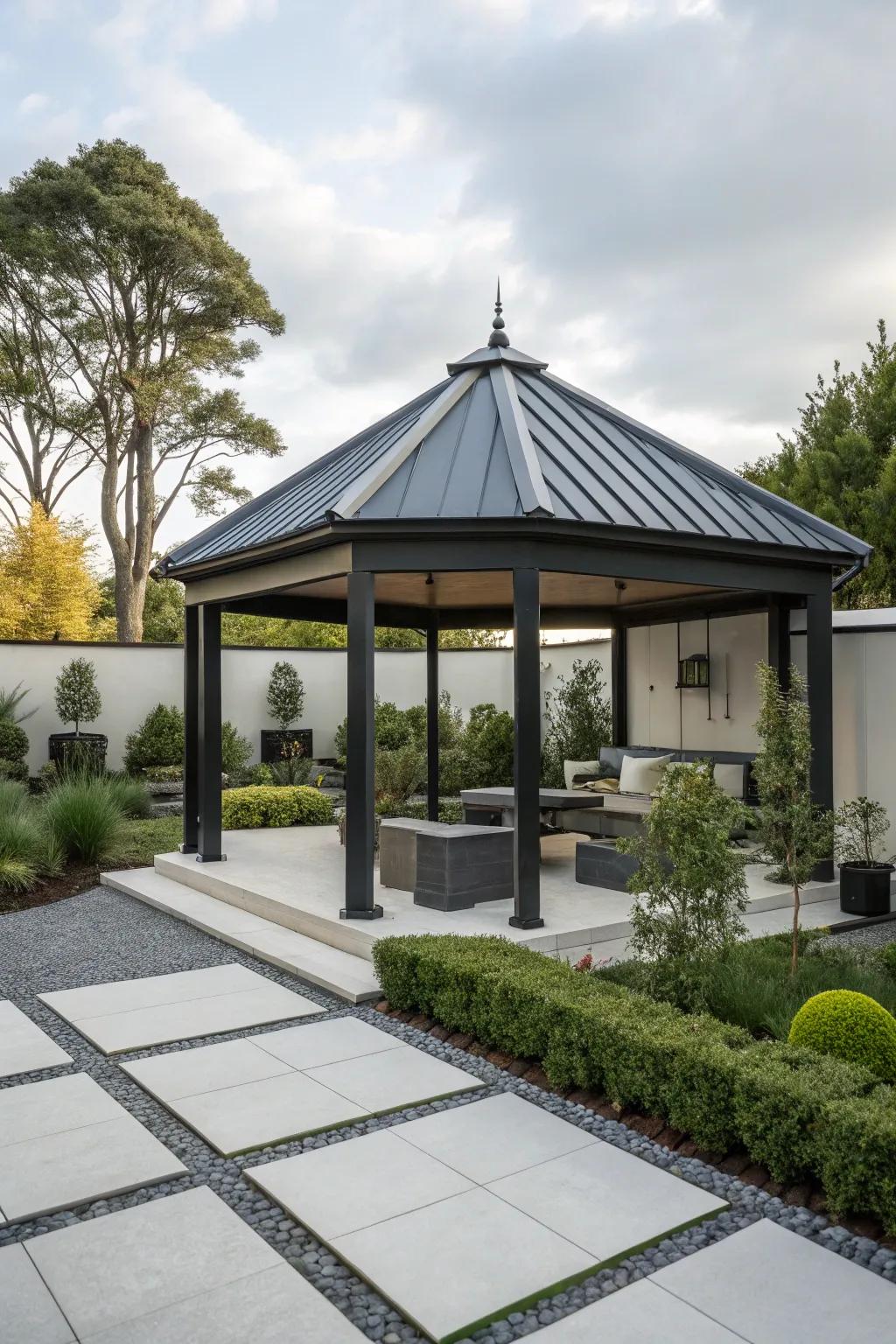 A chic metal-roofed gazebo enriching a modern garden's ambiance.