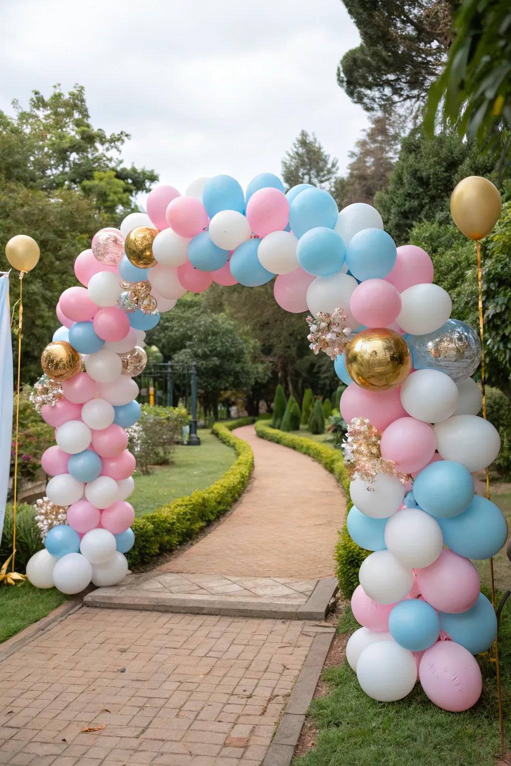 A vibrant balloon arch setting the stage for a gender reveal celebration.