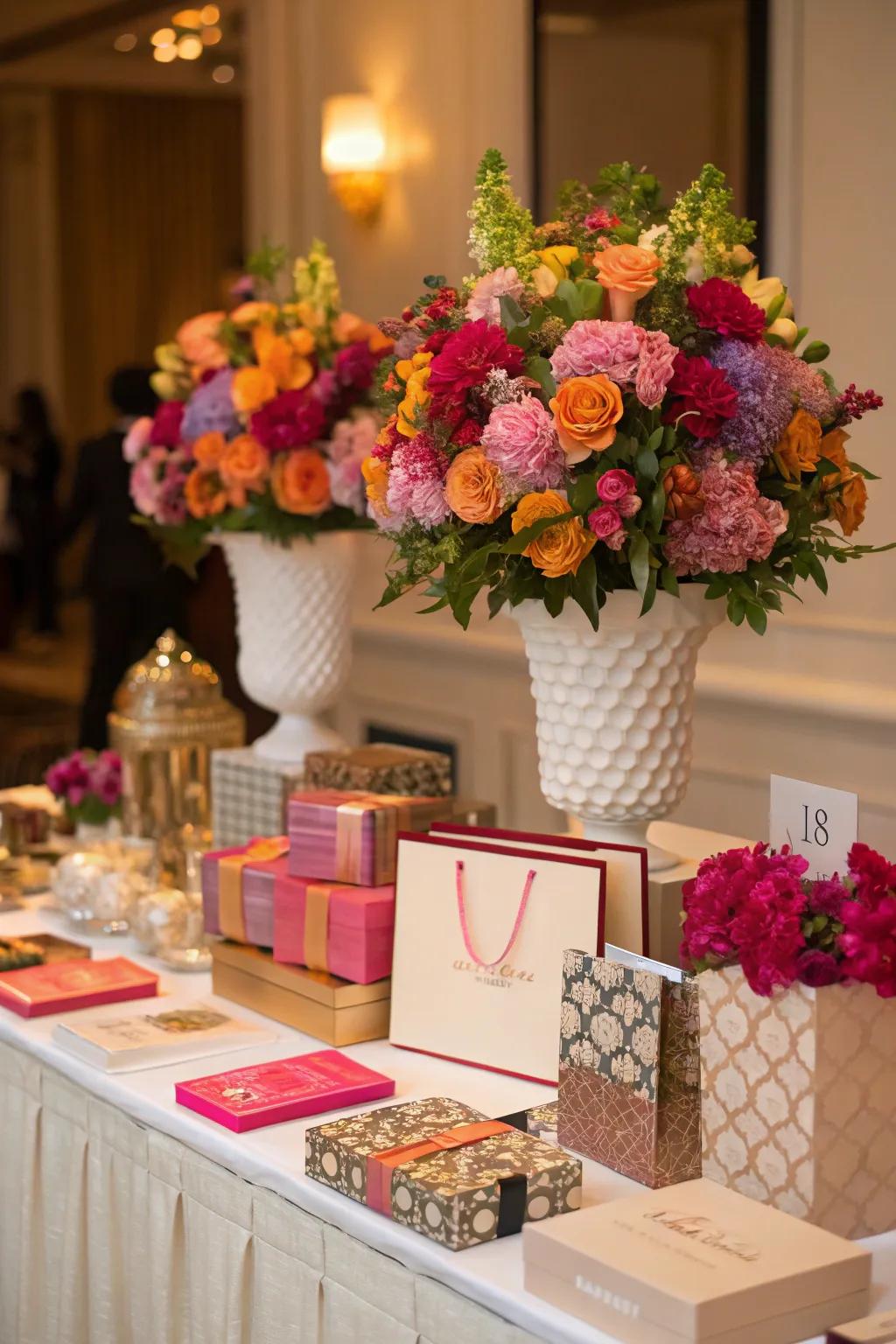 Floral arrangements bring charm and elegance to any gift table.