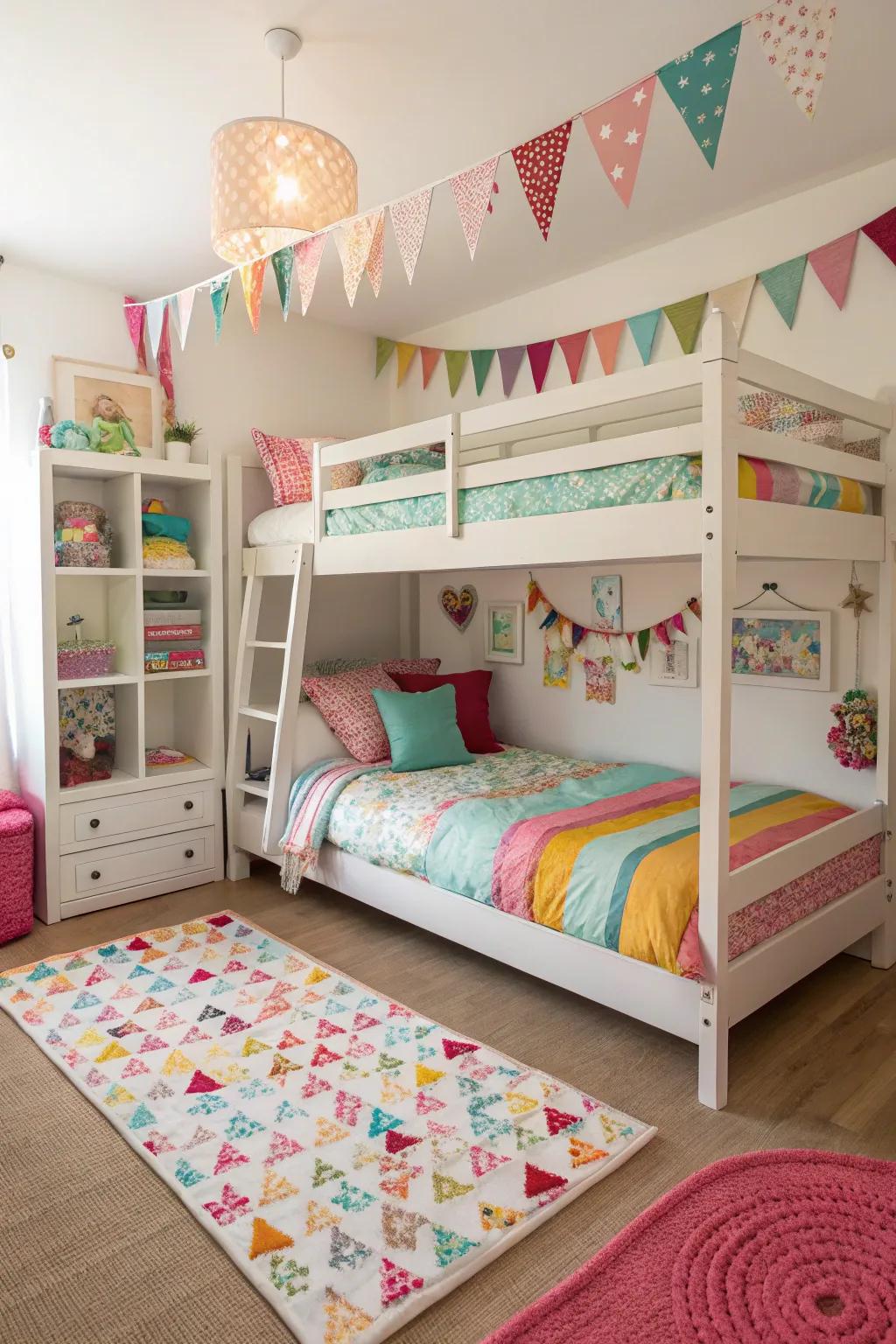 Bunk beds in a girls' room free up space, adding both function and fun.