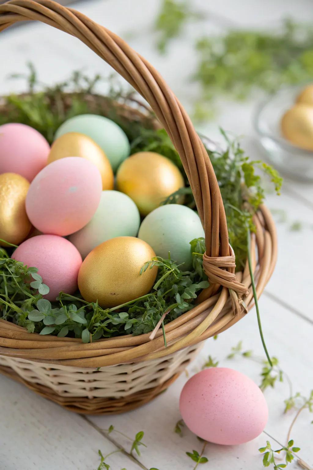 Gilded eggs beautifully highlighted within a basket of soft pastel shades.