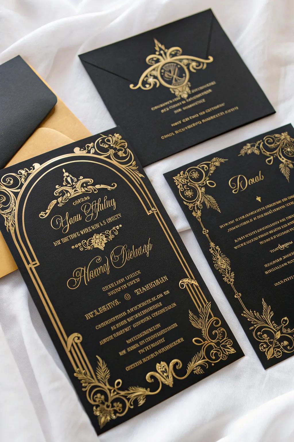 Refined Gothic wedding invitations showcasing a black and gold foil motif.