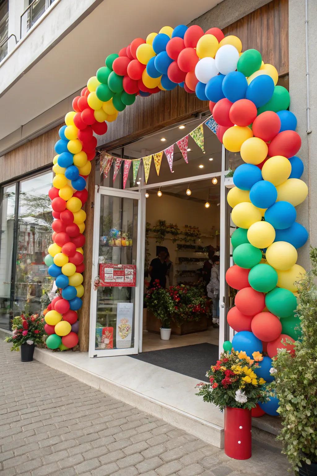 A classic balloon arch frames the entrance, inviting guests to explore.