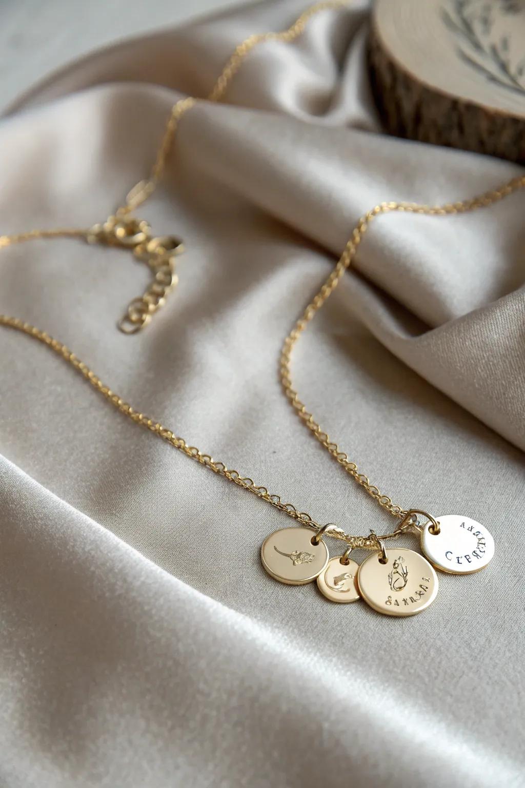 A delightful necklace featuring personalized name charms for each grandchild.