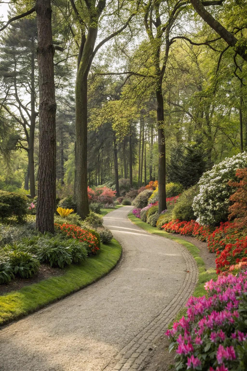 A gracefully curved gravel path that winds through a beautiful garden.