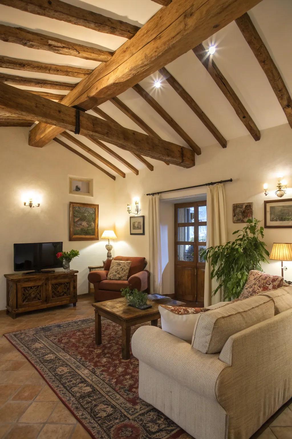 Exposed wooden beams add a rustic charm to any living space.