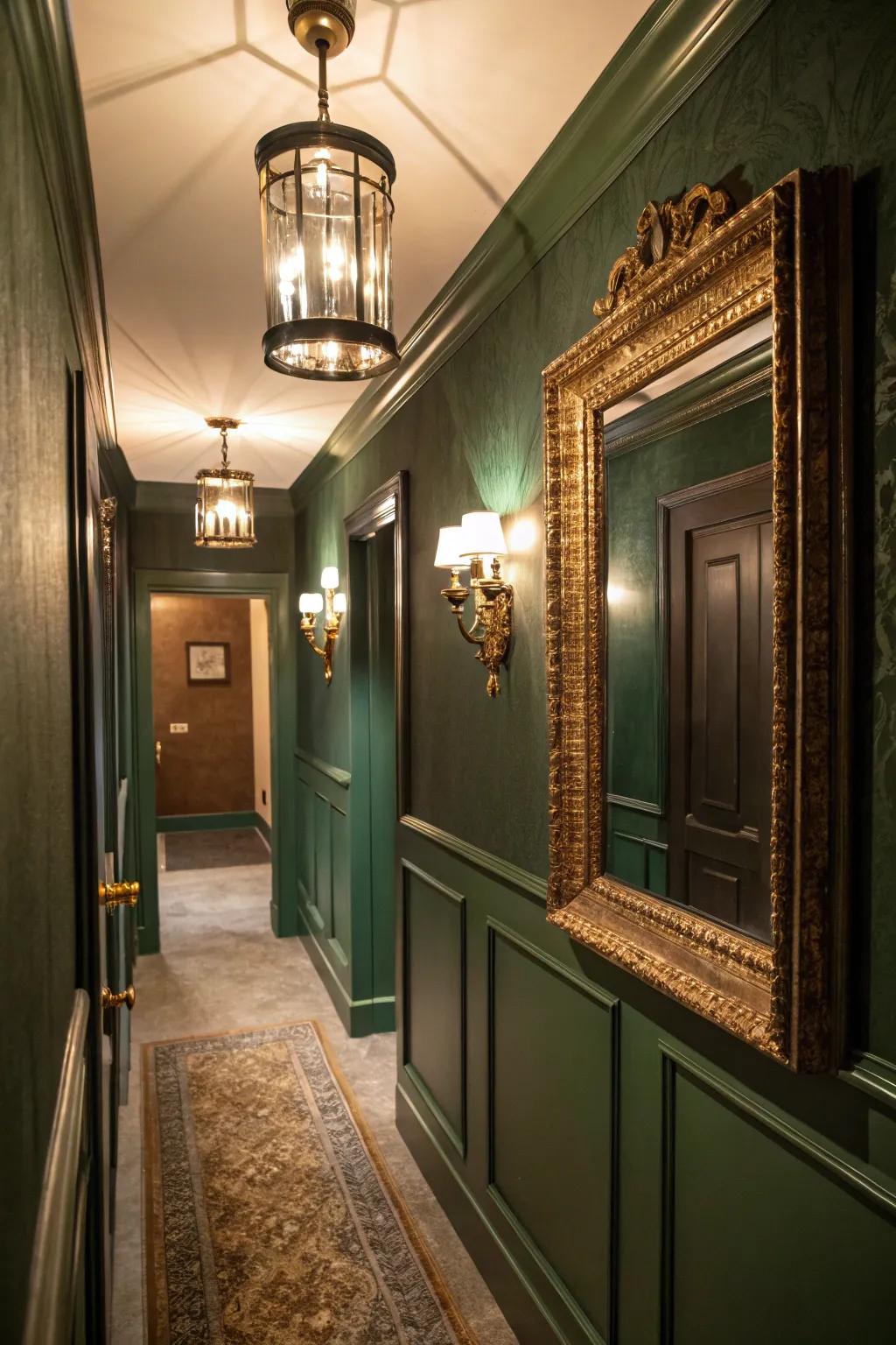 A hallway painted in deep forest green generates a toasty and luxurious atmosphere.