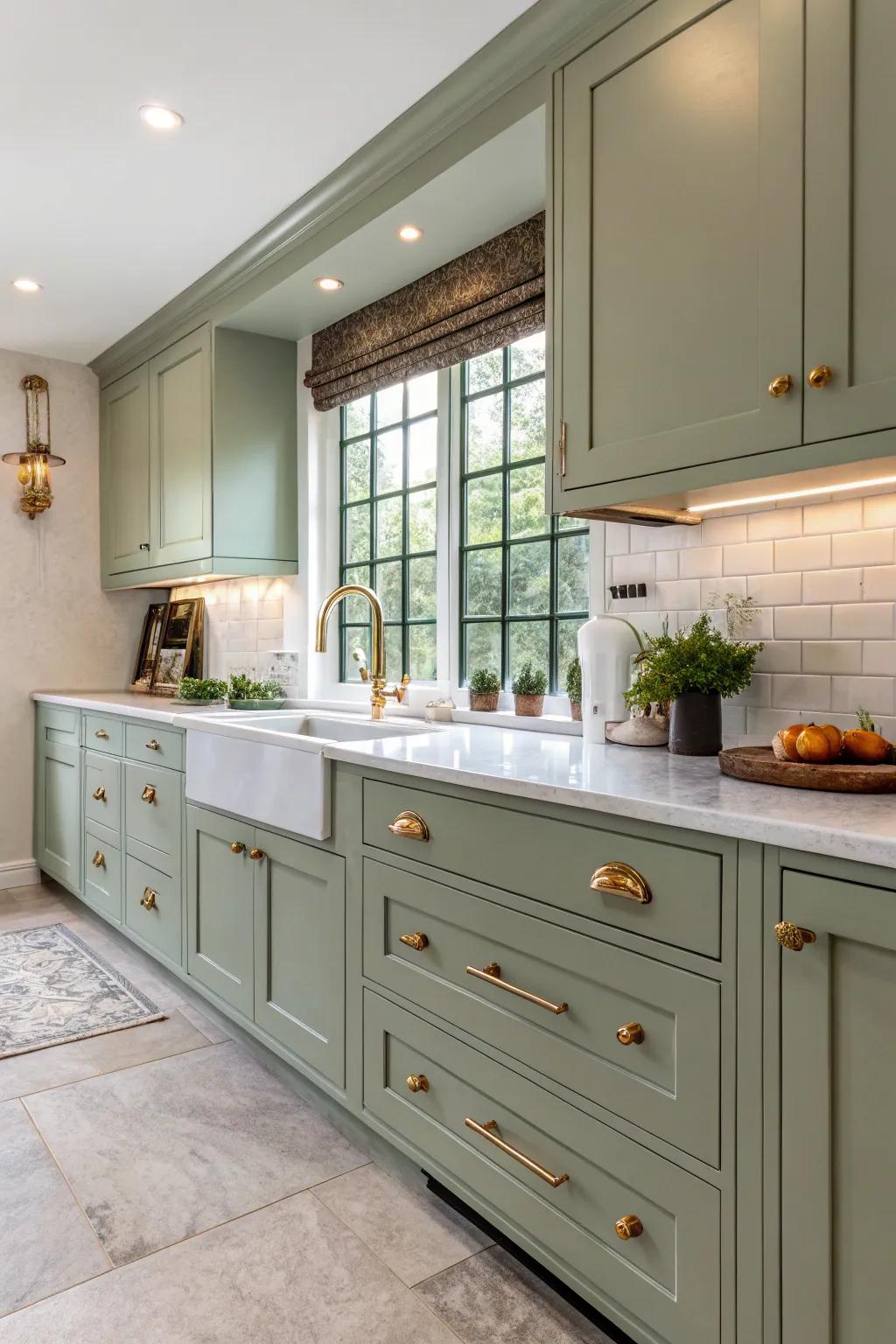 Elegant soft green cabinets combined with metallic fixtures for a serene kitchen.