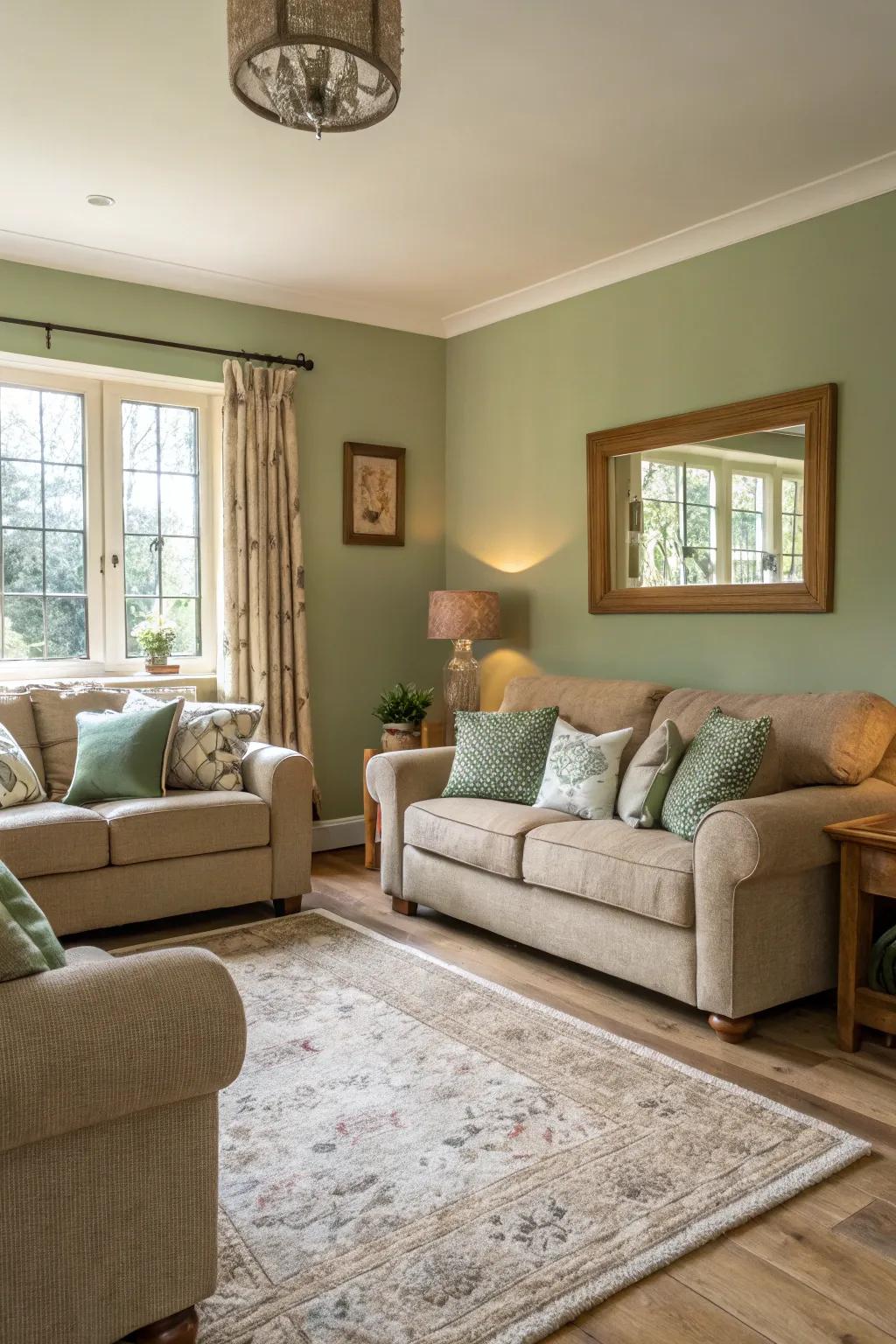 Gentle seafoam walls establish a calming atmosphere in this snug living area.