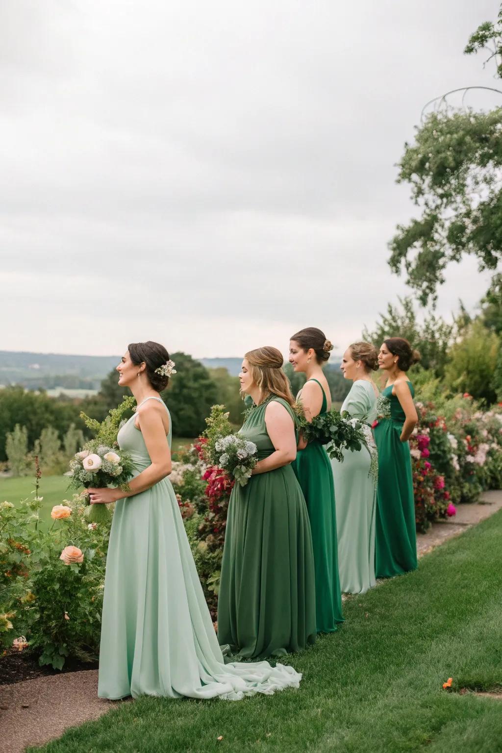 Bridesmaids radiating in harmonious shades of green, complementing every skin tone.