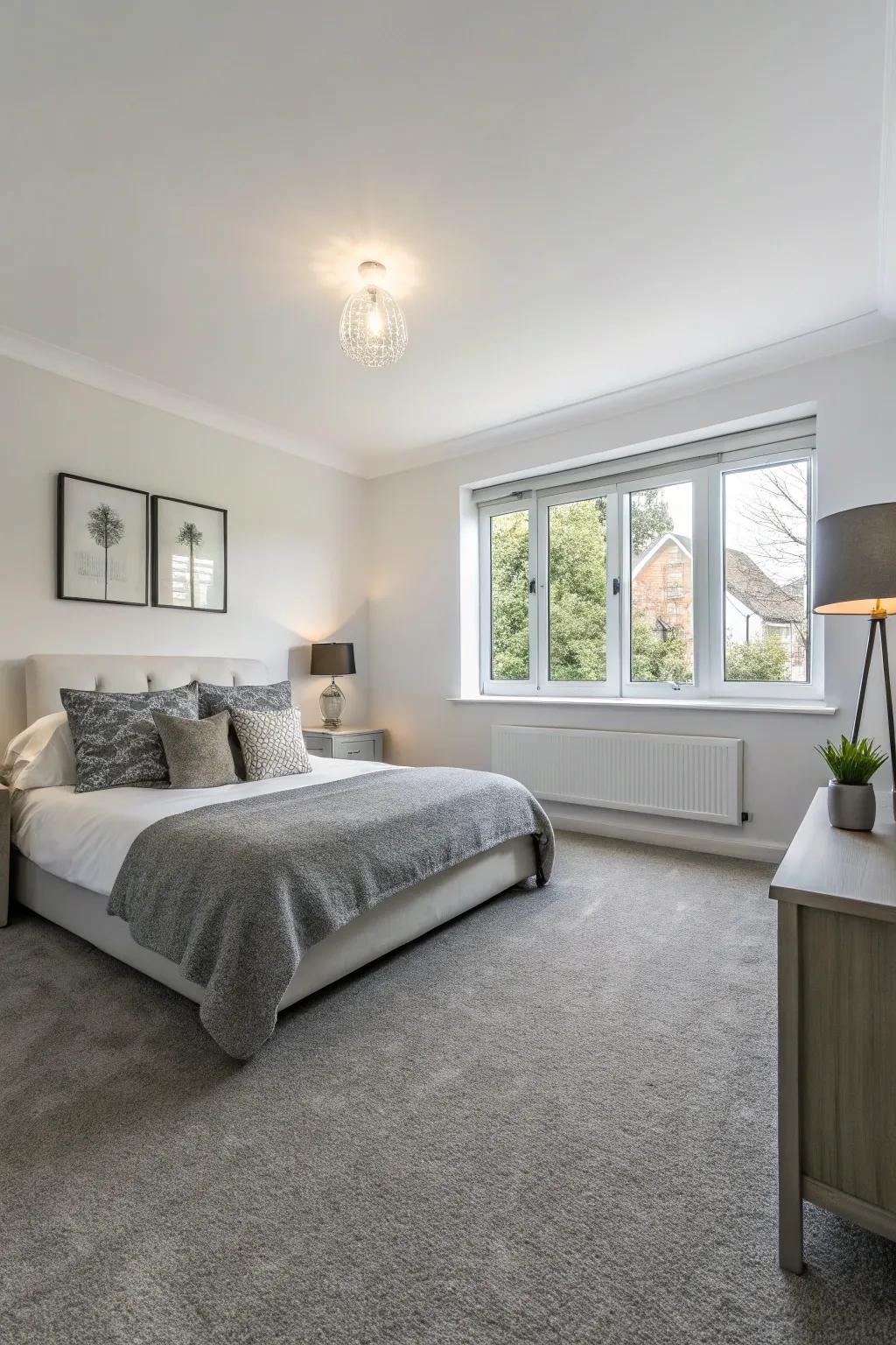 White walls and gray carpet: The timeless pairing.