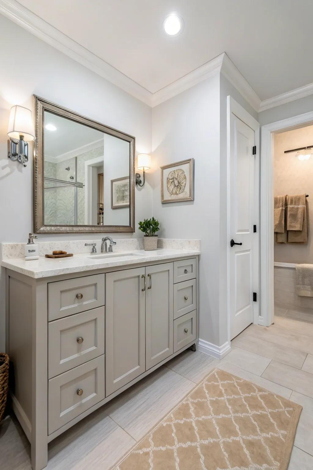 A light grey vanity harmonizes with a neutral palette, offering a peaceful retreat.