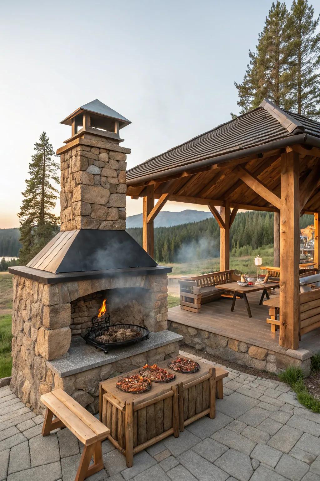 An enchanting grill hut that features organic wood and stone.