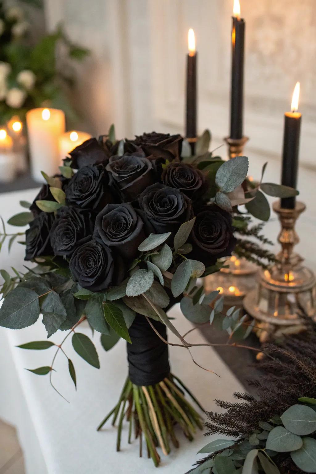 A bouquet featuring black roses, ideal for setting a tone of mystery.