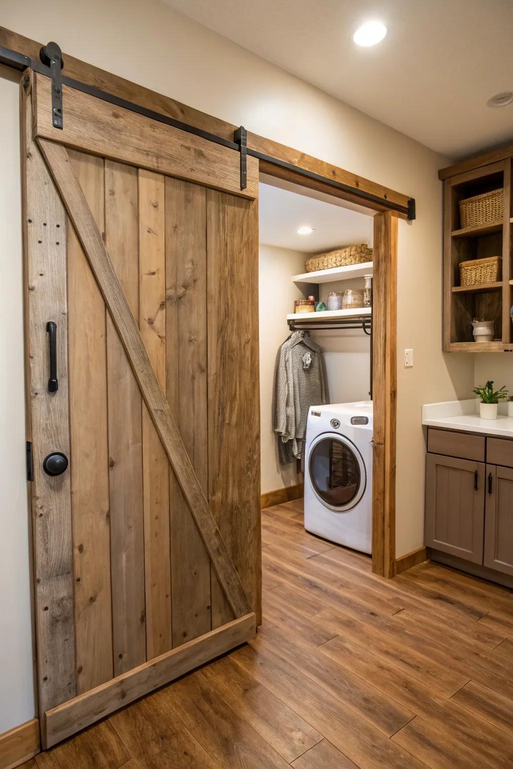 A country-style sliding door enhances the character and functionality of a hallway laundry area.