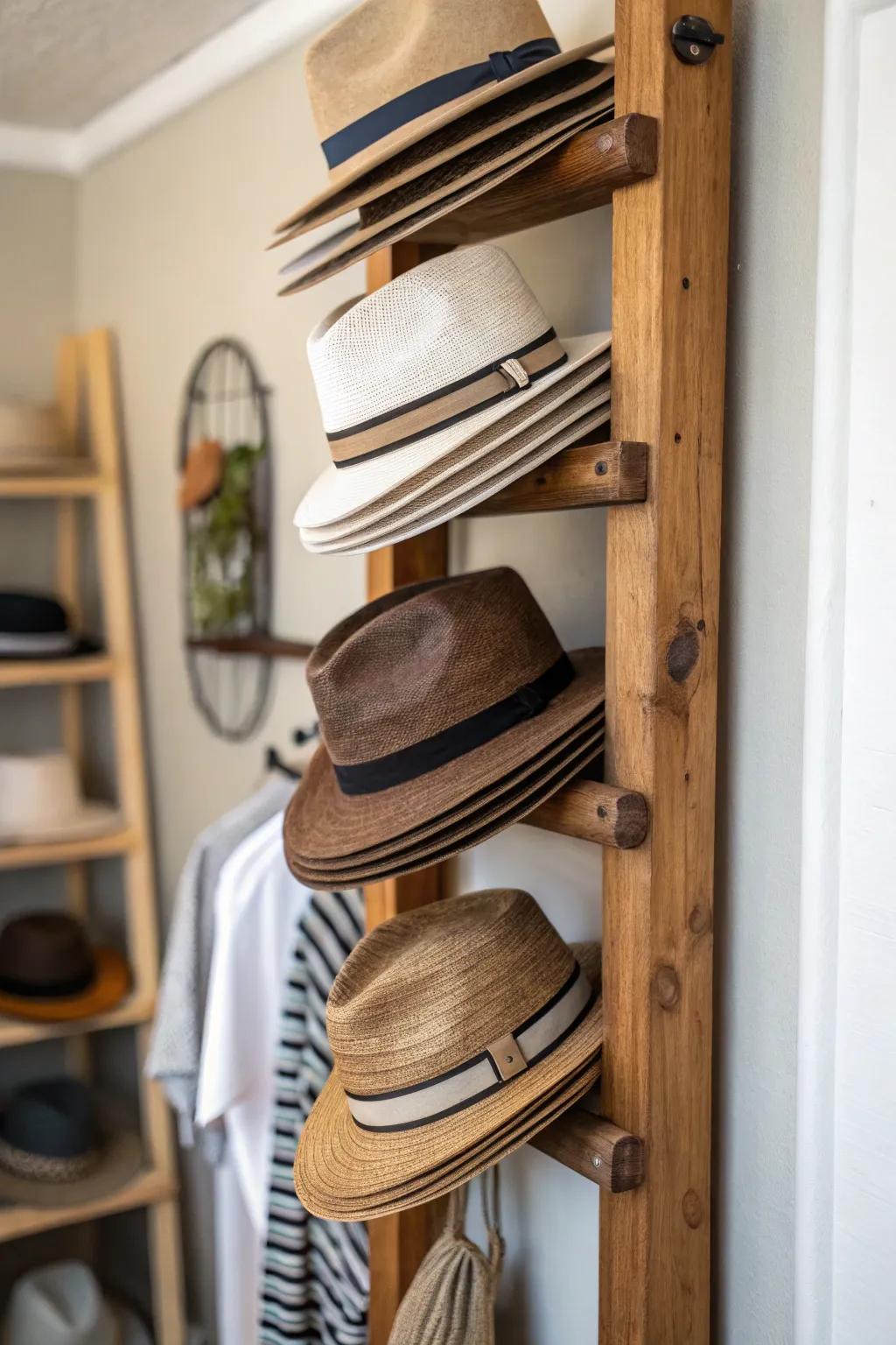 Upright wood stands offer an organized, rustic approach for displaying your hats.