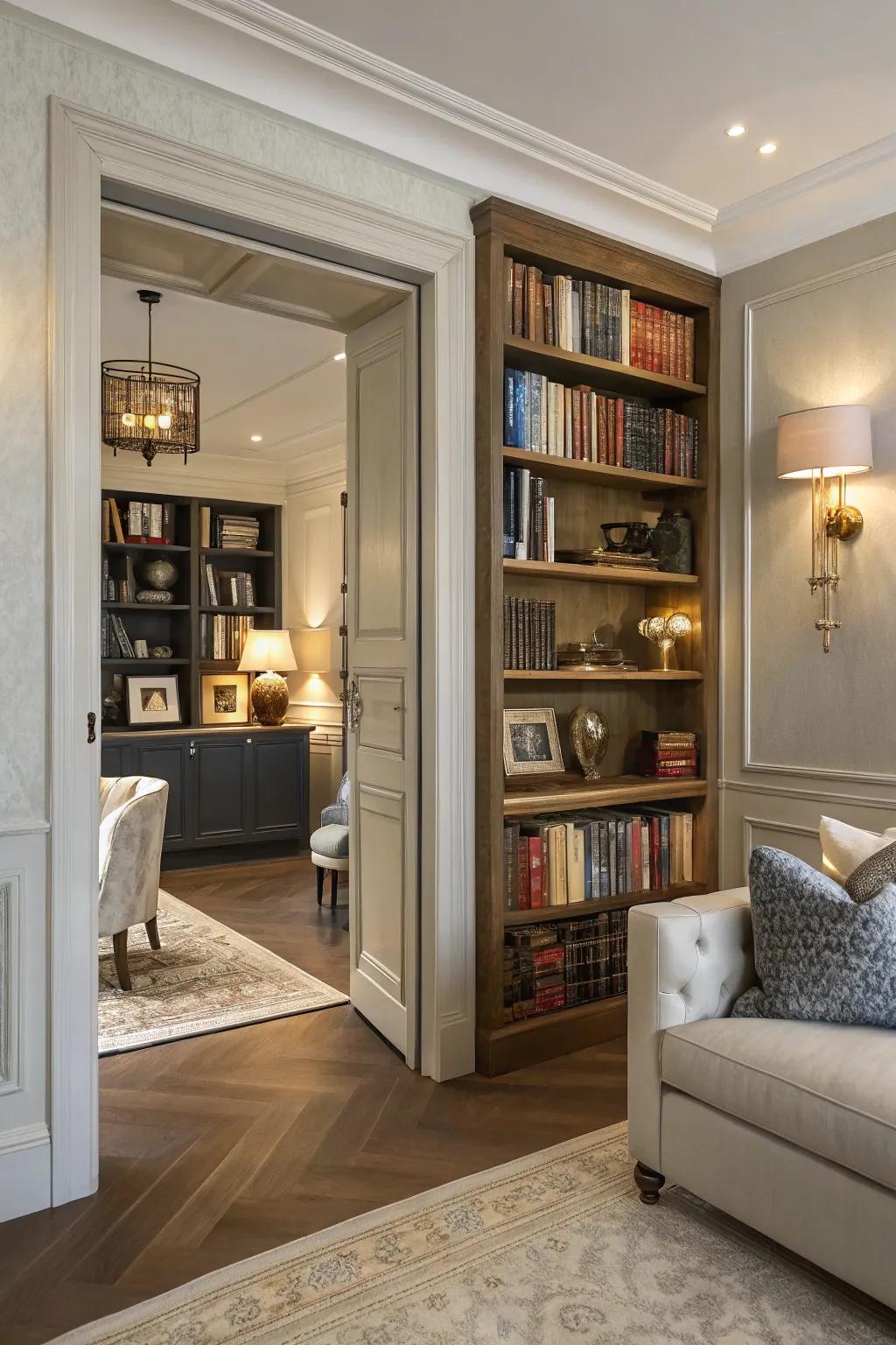 A beautifully decorated living room featuring a secret door disguised as a bookshelf.