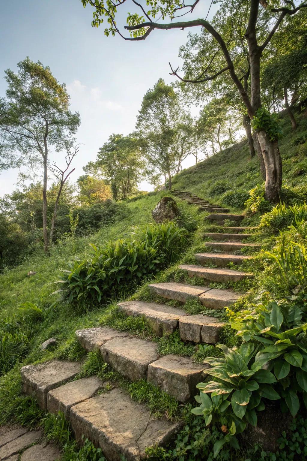 Natural stone tiles add timeless sophistication and strength to hillside steps.