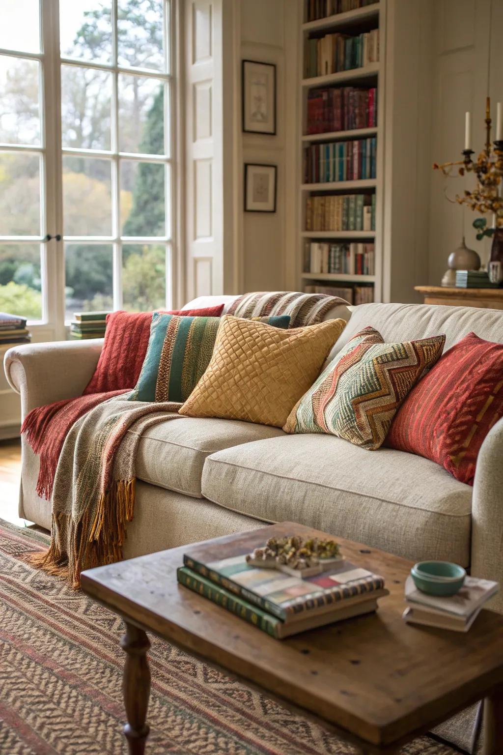 A stylish living room where layered textiles add warmth and texture.