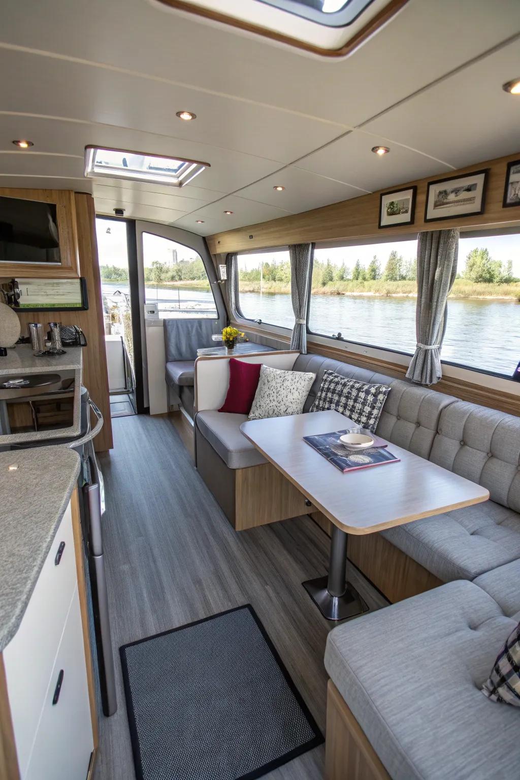 Thoughtful utilization of adaptive furniture in a houseboat living space.