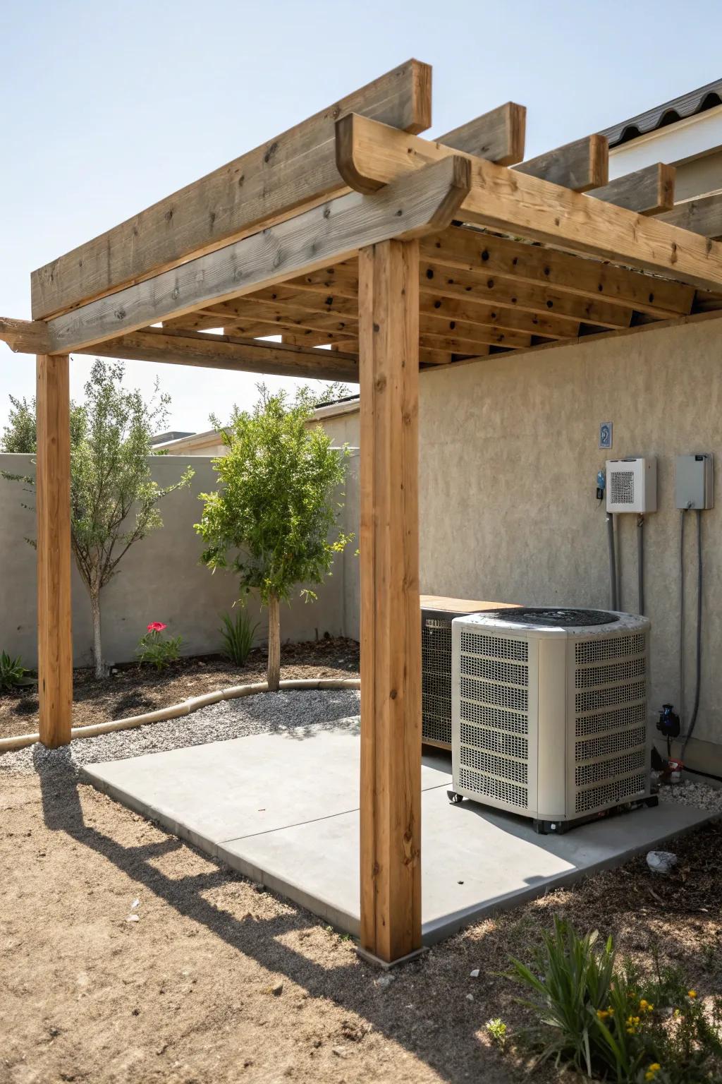 A wooden frame offers efficient shading for an outdoor AC unit.