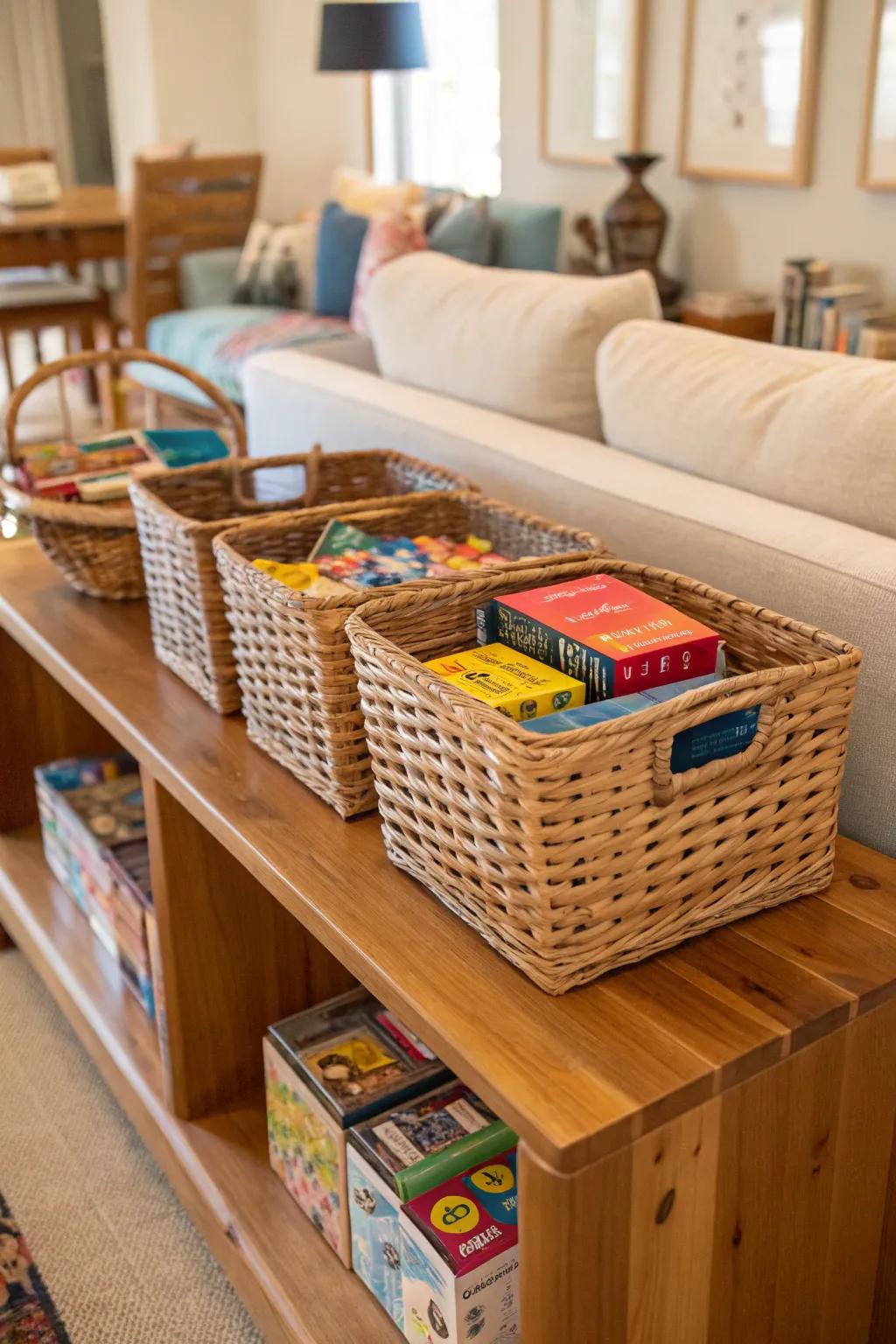 Wicker baskets elegantly storing puzzles on a shelf.