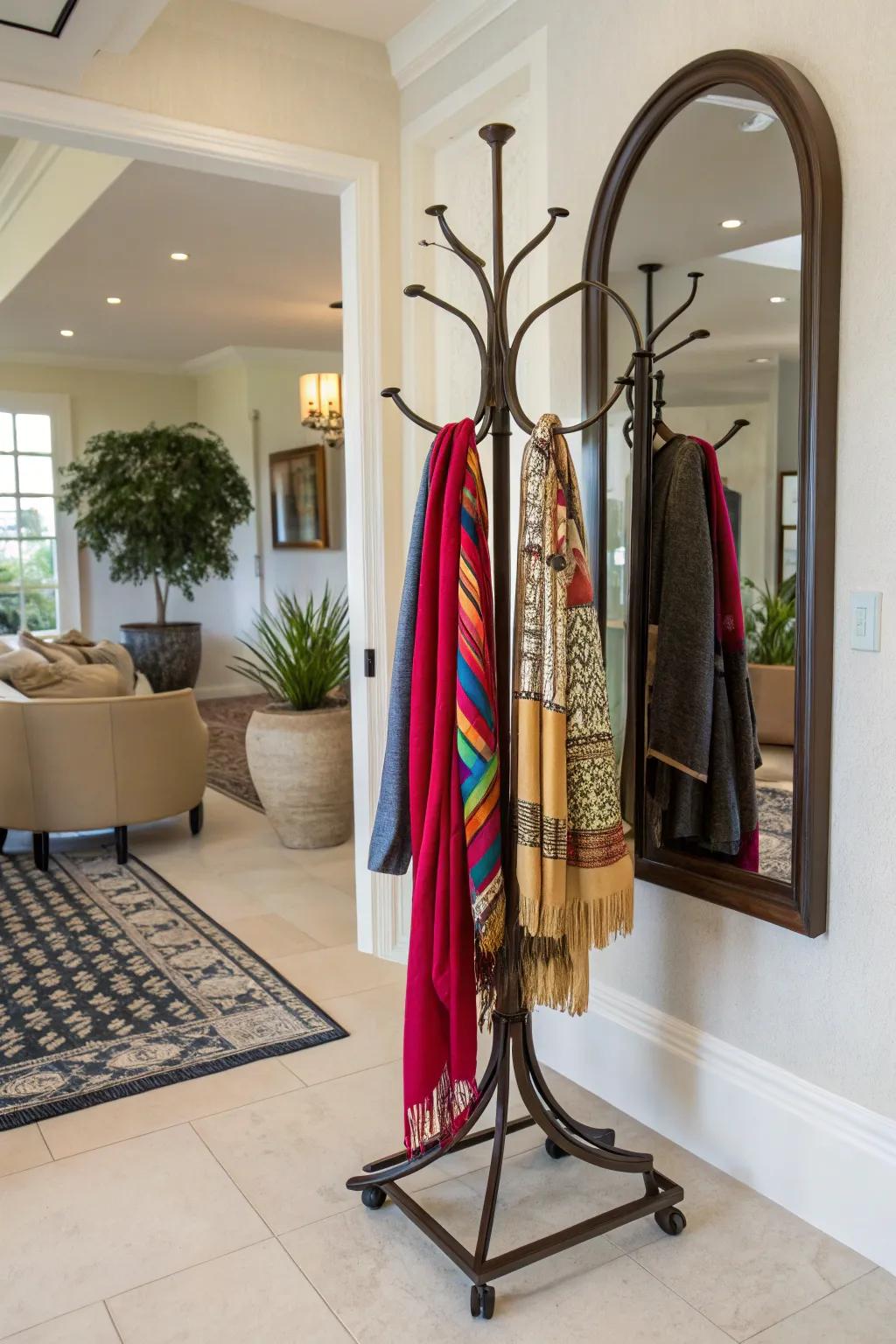 A freestanding rack acts as both decor and a place to store scarves.