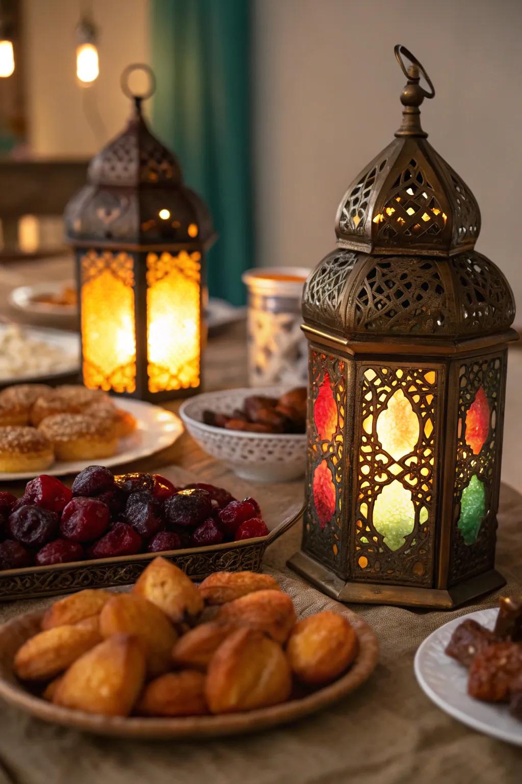 Elegant lanterns bringing a warm glow to the iftar table