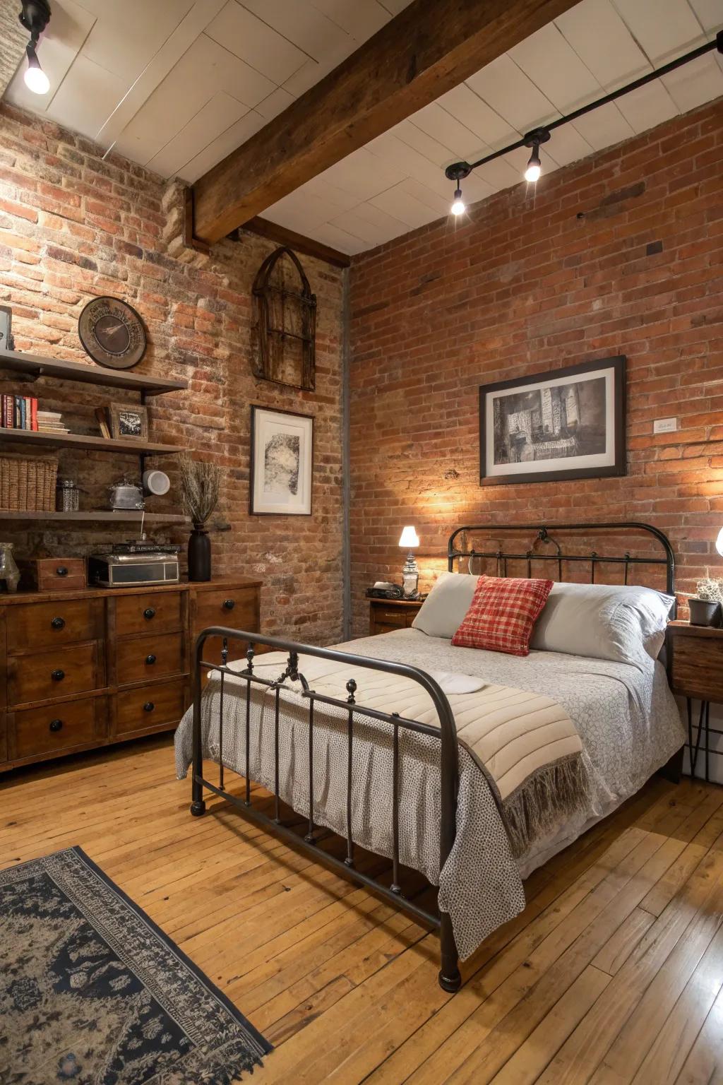 The natural texture of exposed brick creates a striking backdrop in this industrial bedroom.