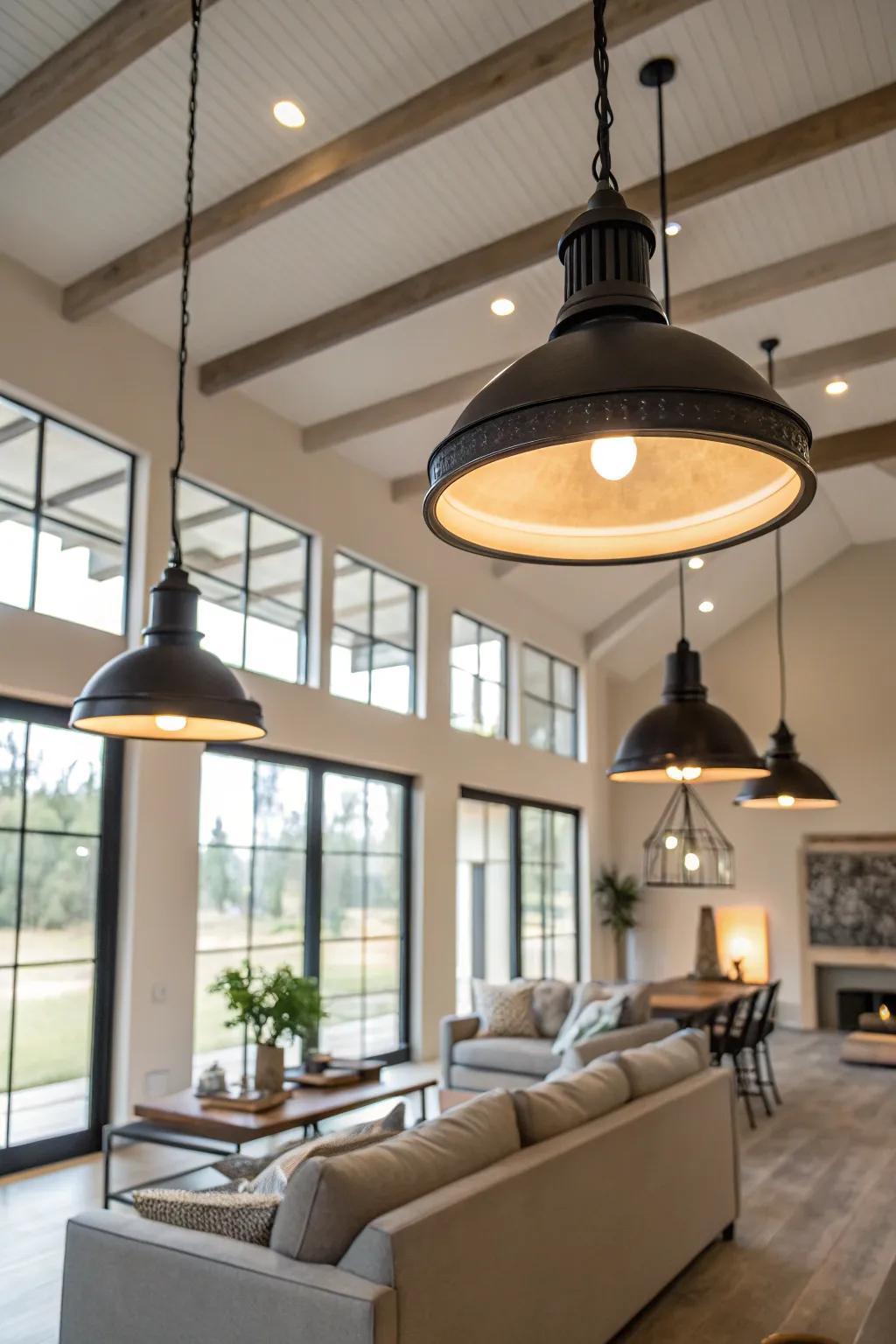 Sweeping factory-inspired LED lighting creating a snug sitting room