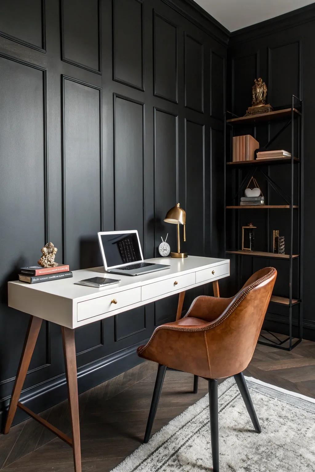 A home office with a striking color scheme of deep walls and leather seating.