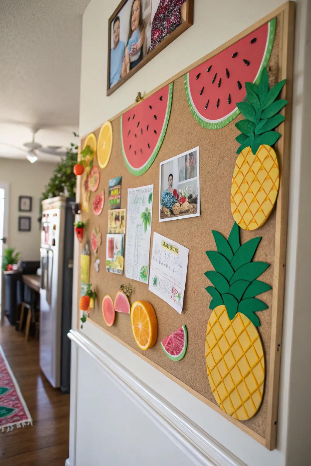 An exotic fruit-inspired bulletin board, ideal for encapsulating summer vibes.