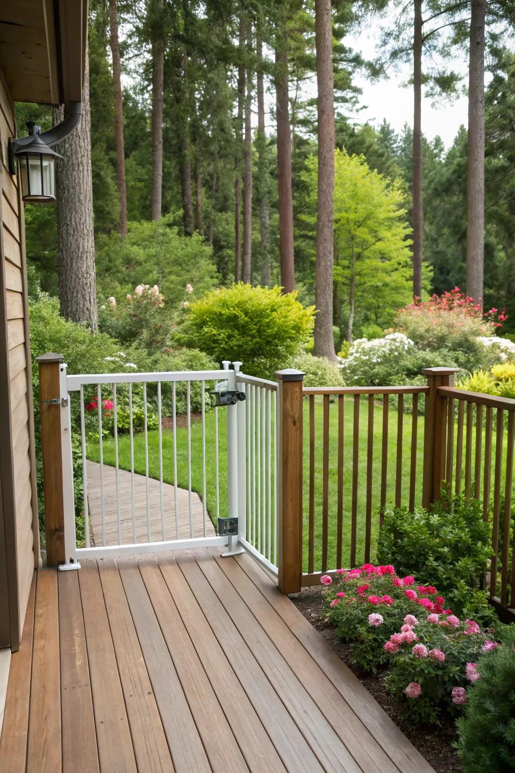 A wooden deck with a gate that is childproof, bordered by vibrant plants.