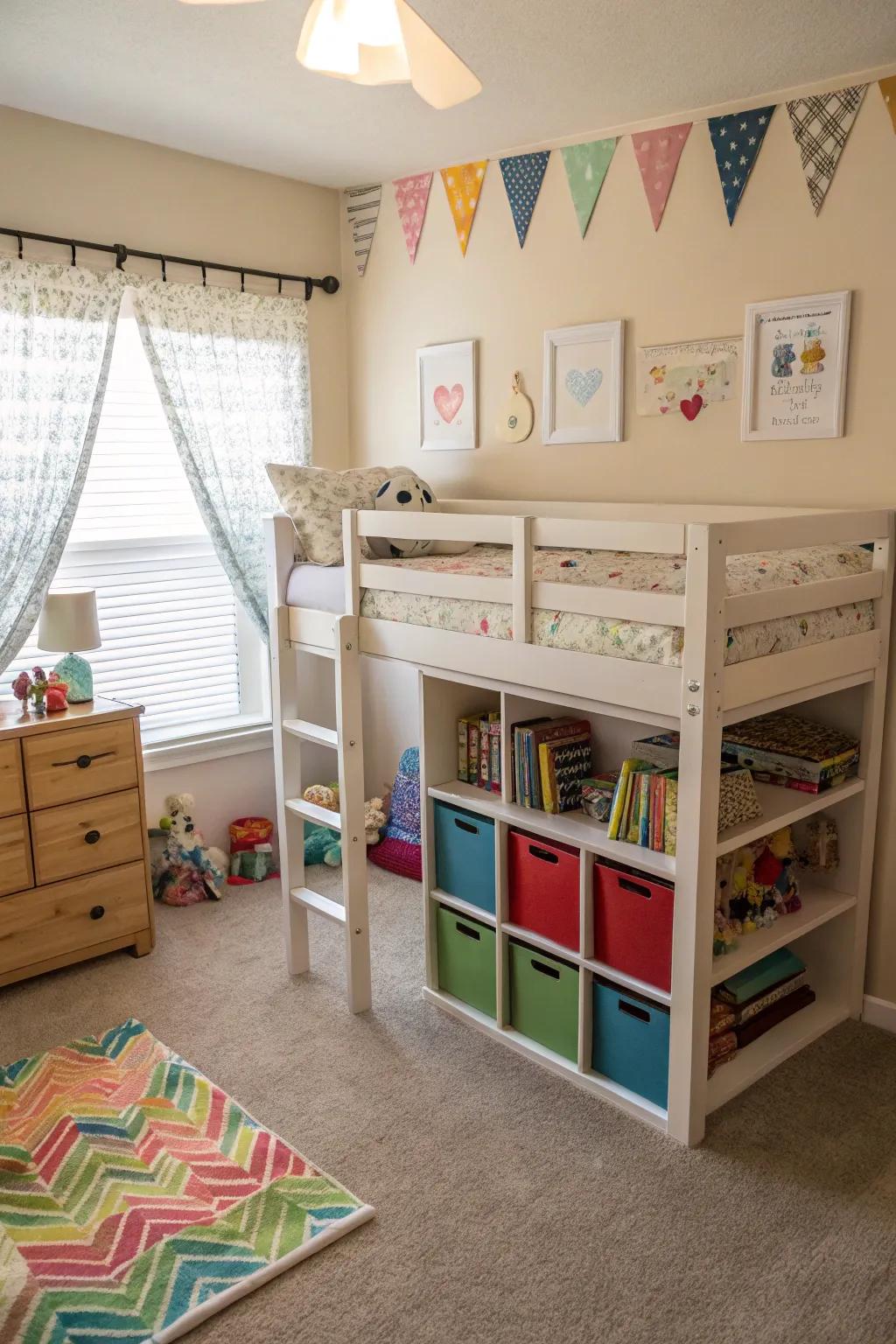 A high rise bed configuration that optimizes ground surface for recreation and storage.