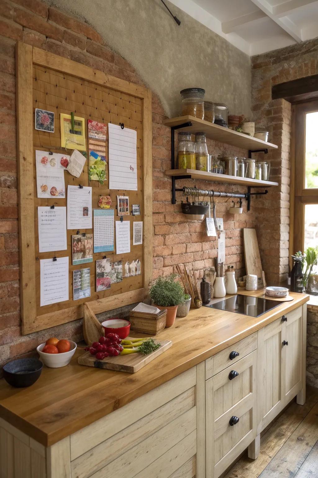 A fusion of countryside charm and function with a wood-framed pinboard.