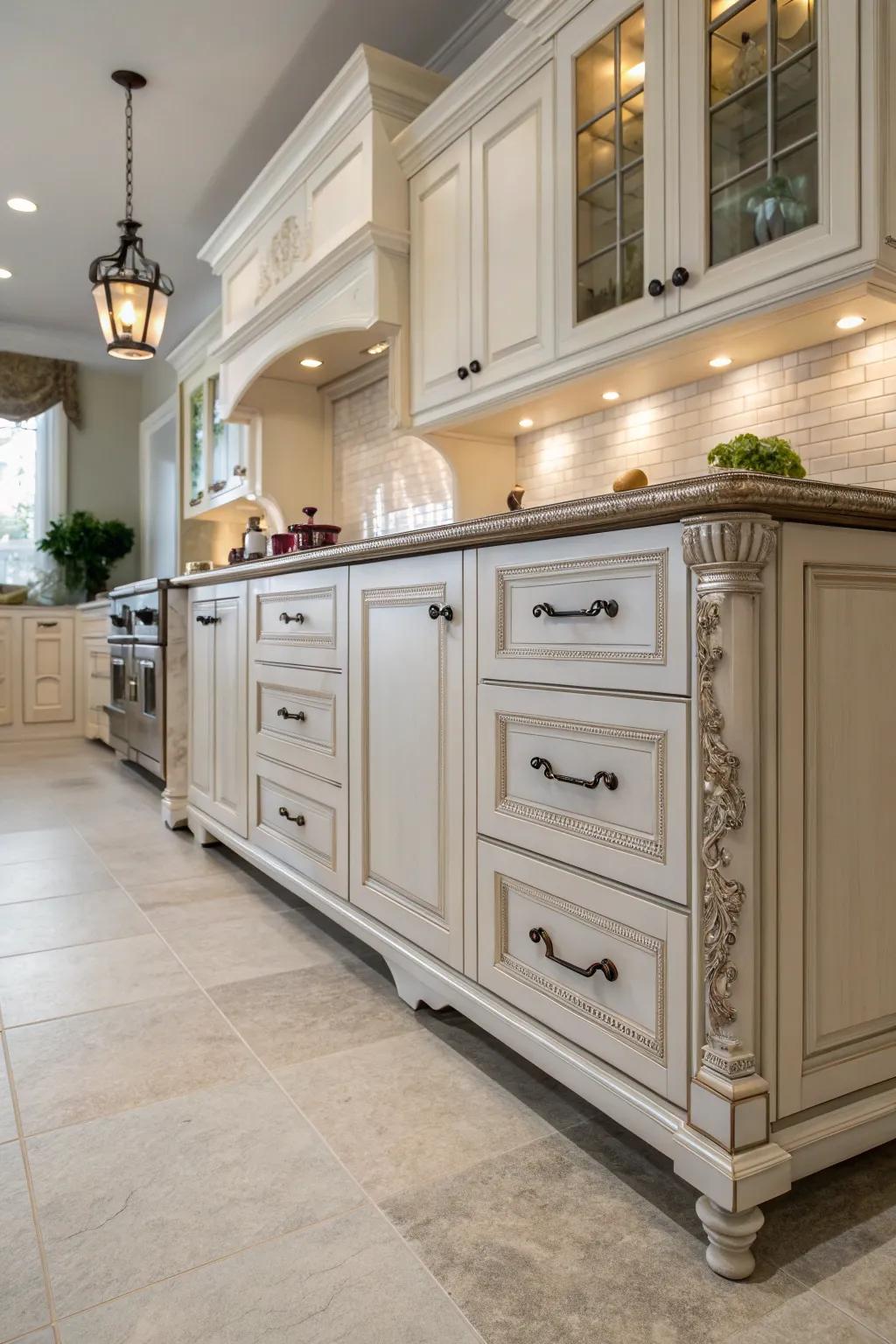 Globular supports infuse kitchen cabinets with timeless sophistication.