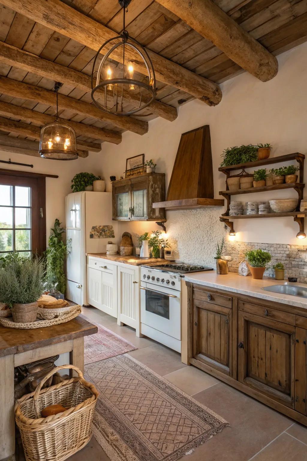 Capture rustic elegance with exposed wooden beams in your kitchen design.
