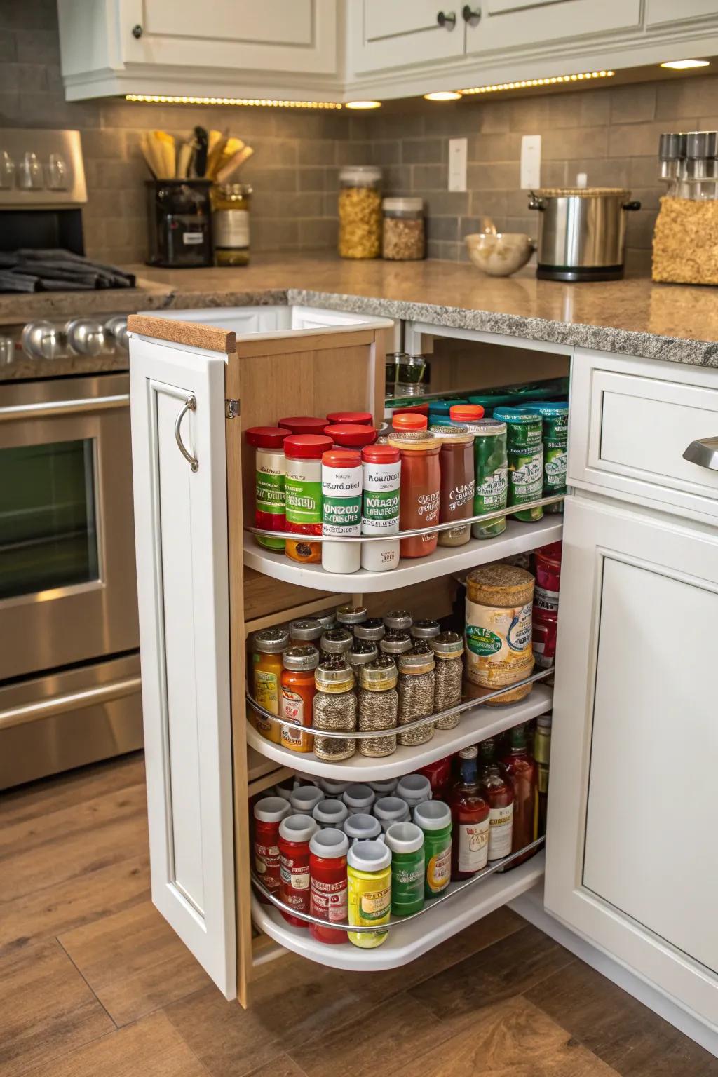 A Spinning Organizer puts every inch of a corner cabinet to good use.