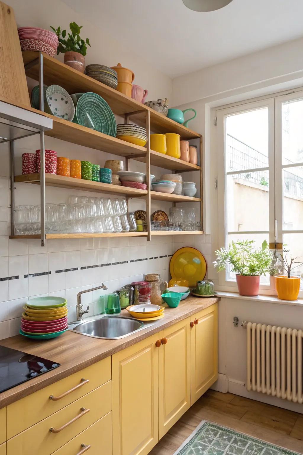 Open shelves bring usefulness and beauty to smaller kitchens.
