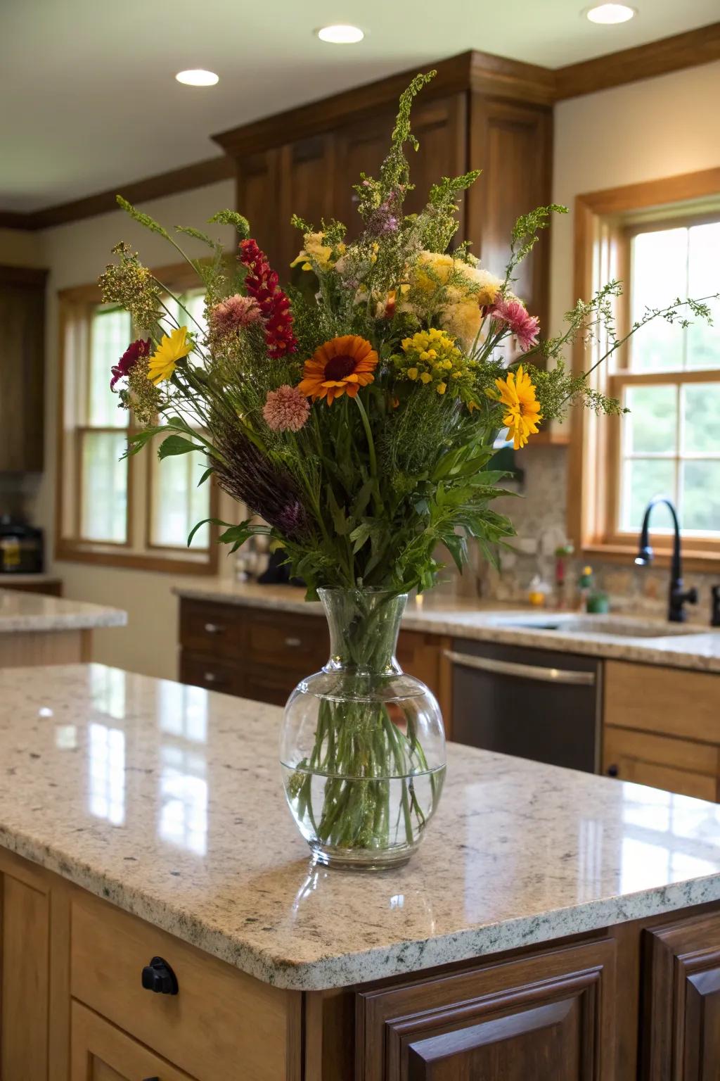 A floral centerpiece injects vibrancy and energy into the kitchen.