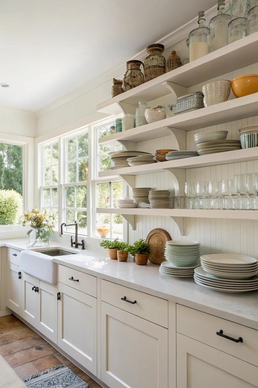 Open shelves displaying kitchen essentials.