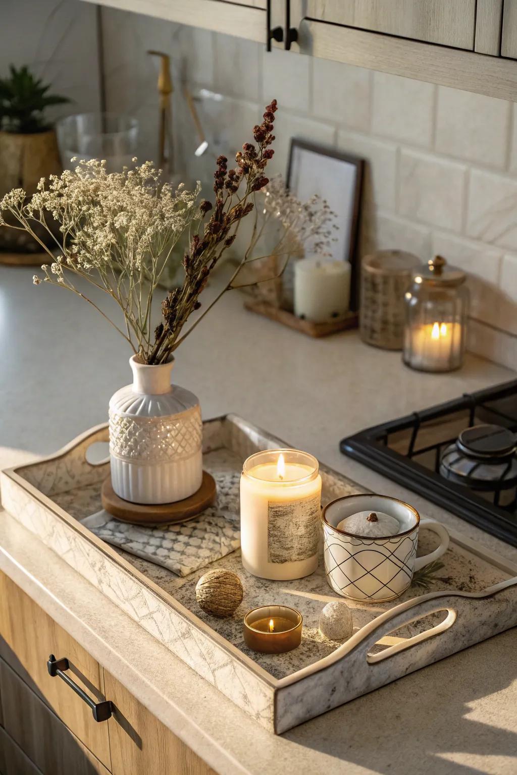 Utilize a platter to neatly organize ornamental pieces on your kitchen surface.