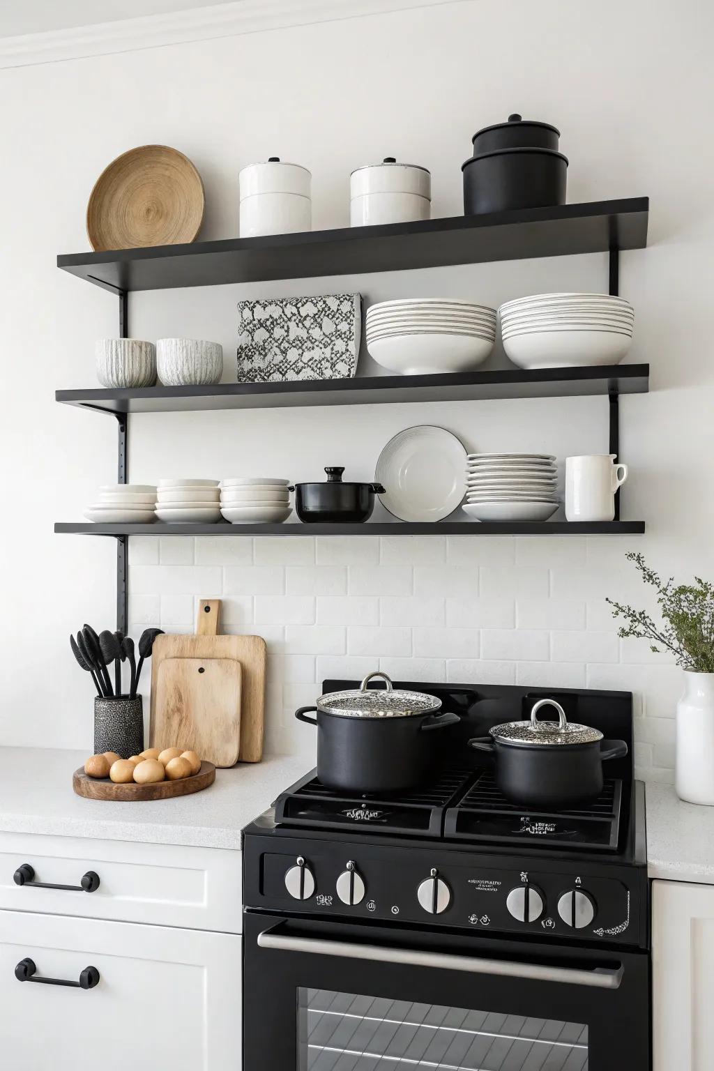 Monochrome shelves blend effortlessly, creating a harmonious kitchen environment.