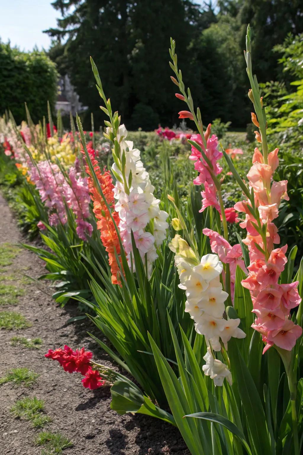 A rainbow of gladiolus colors creates a breathtaking garden display.