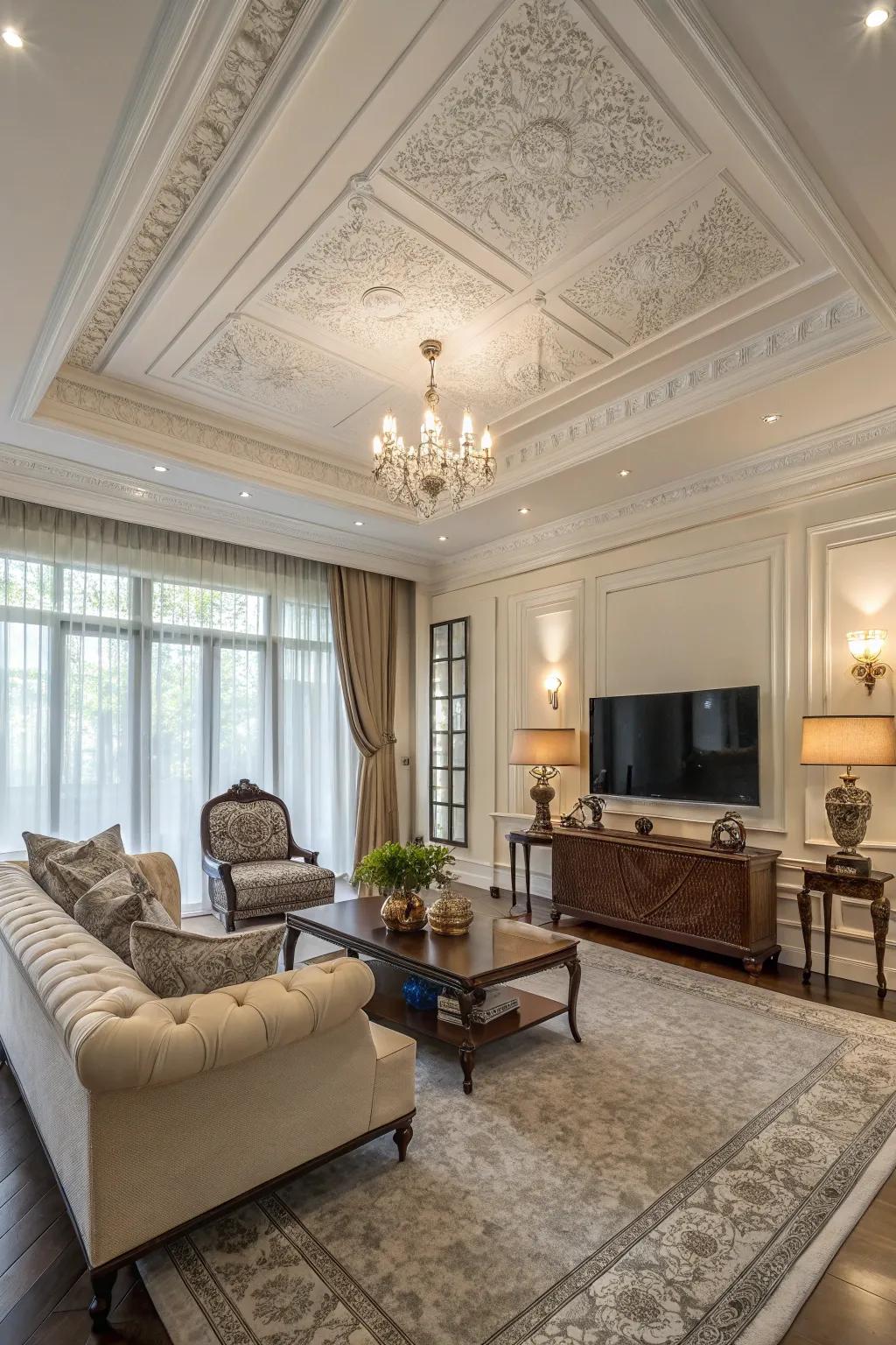 A roomy living space showcasing broad crown molding, enhancing the room’s majestic vibe.