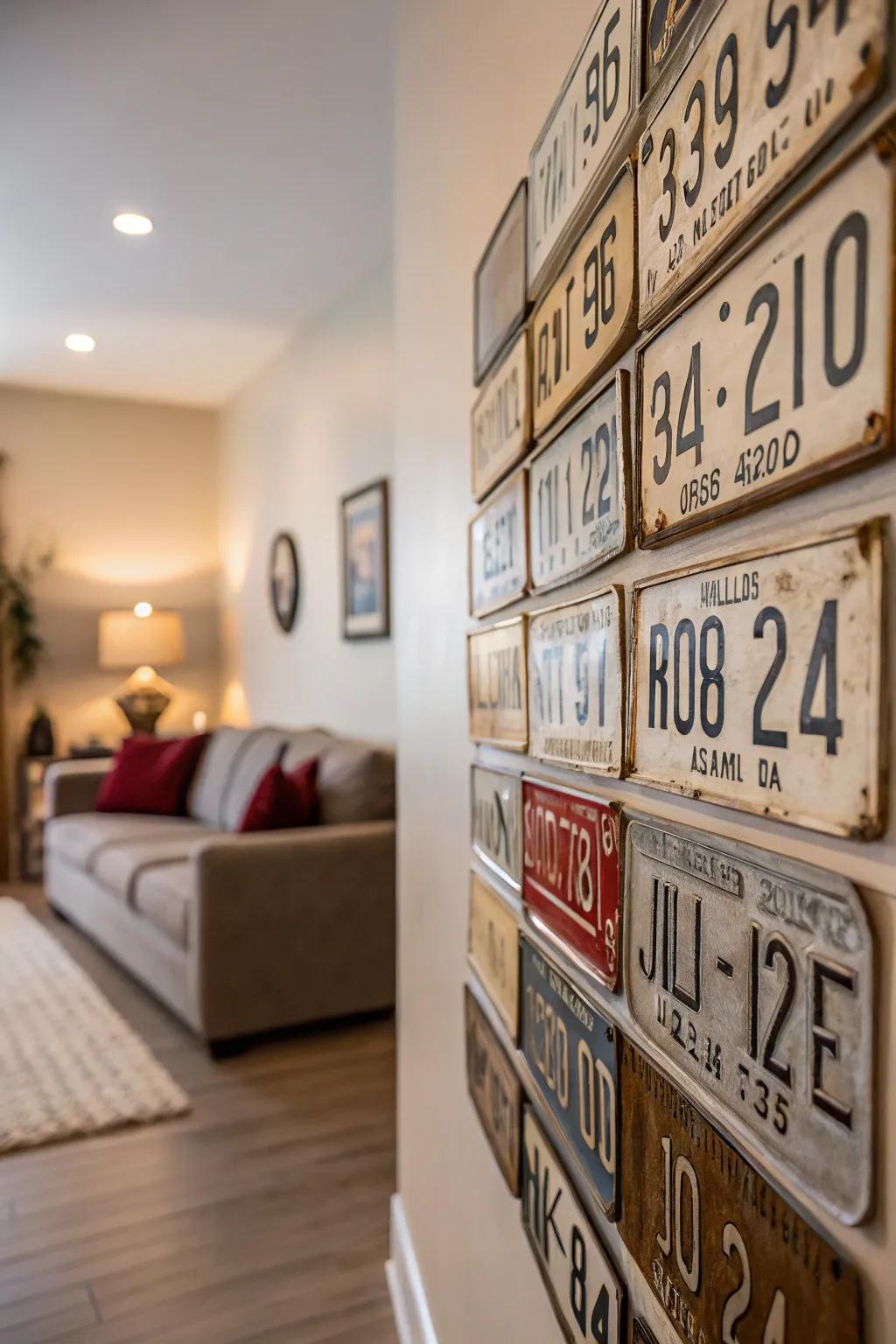 A structured grid of vintage license plates creates a unique focal point.